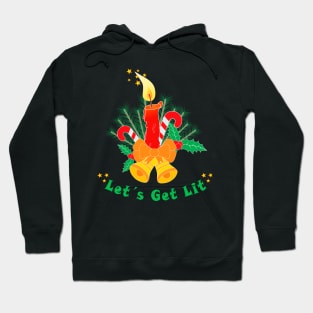 Christmas bells, candle, candy, holly berry with funny pun: Let’s Get Lit Hoodie